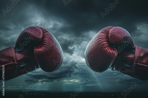 Two red boxing gloves are shown in the air, with a cloudy sky in the background