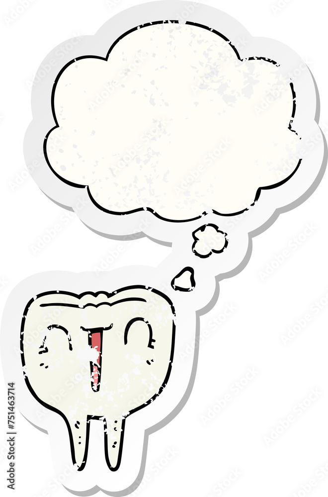 cartoon happy tooth and thought bubble as a distressed worn sticker cartoon happy tooth and thought bubble as a distressed worn sticker