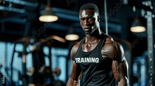 Athletic Black Man Ready And Determined For His Workout In A Gym. The Man Wears A T-Shirt Market "TRAINING". Fitness Boy Background