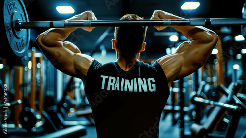Athletic Man Ready And Determined For His Workout In A Gym. The Man Wears A T-Shirt Market "TRAINING". Fitness Boy Background 