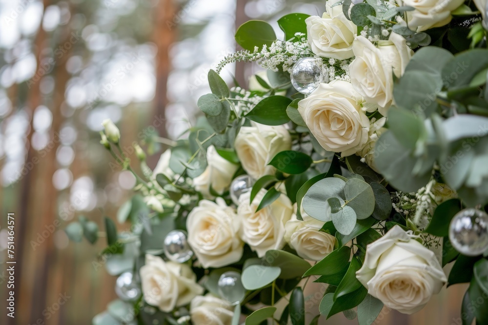 A bouquet of white flowers with green leaves and silver decorations
