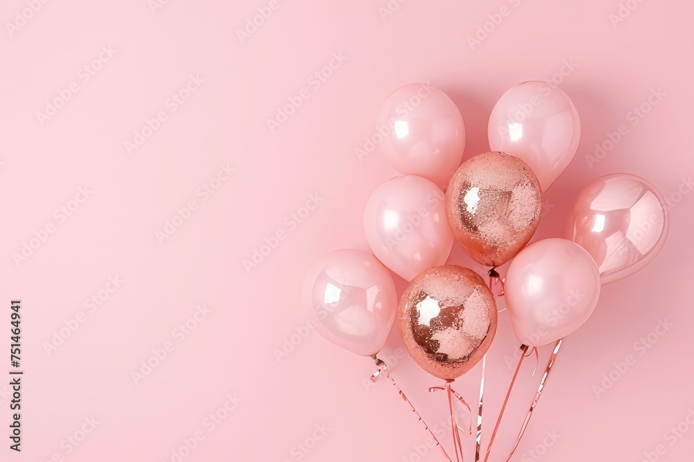 Rose Gold Balloons on a Pastel Pink Background Celebration Surprise Birthday