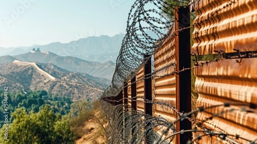 rusty metal border wall with barbed wire along the American border, poster photo