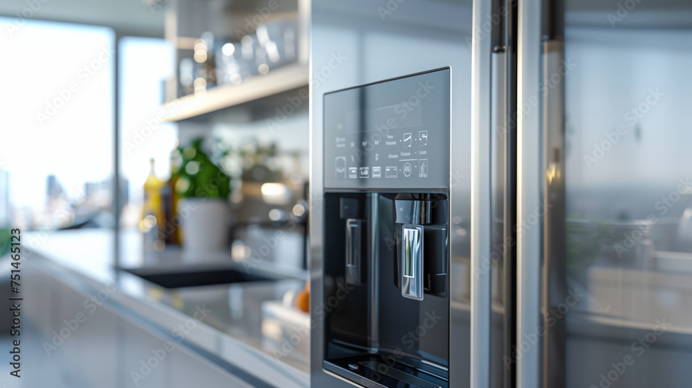 Modern technological kitchen with appliances coffee machine cooker and refrigerator