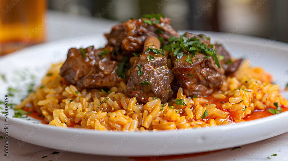 Savory beef stew over rice with fresh herbs