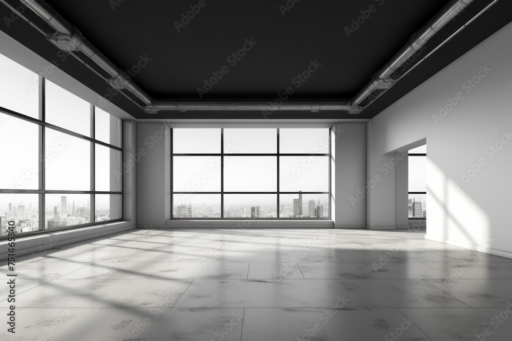 Obraz premium Spacious loft with sunlight and polished concrete floor