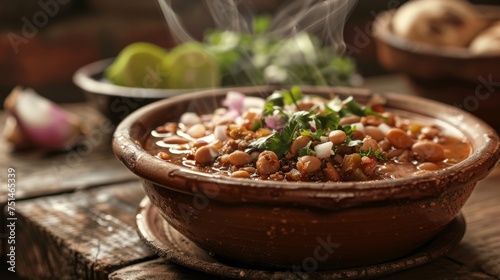Mexican pozole in a bowl, a hearty steaming soup featuring hominy, meat, and spices, served hot photo