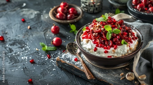 Chiles en Nogada - a traditional Mexican dish with poblano peppers stuffed with picadillo, topped with creamy walnut sauce, and garnished with pomegranate seeds, on a dark background with copy-space photo