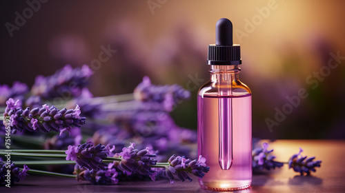 A small pink dropper bottle  placed amidst fragrant lavender flowers. Concept  mockup for natural products  essential oils  or herbal remedies