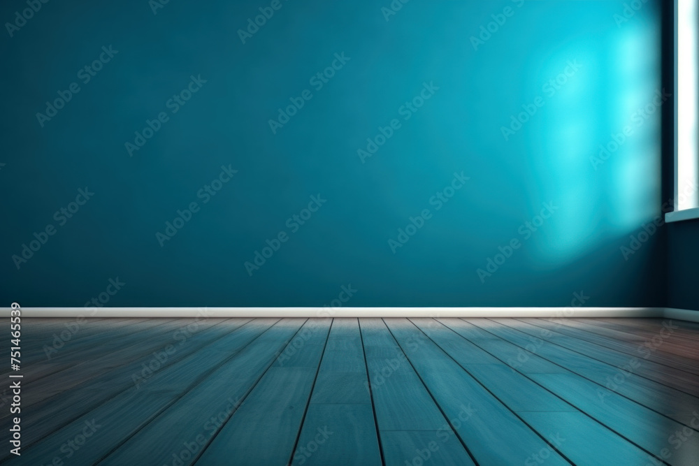 Empty room with blue wall and dark wooden floor