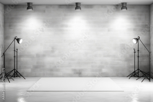 Professional photo studio with spotlights and concrete wall