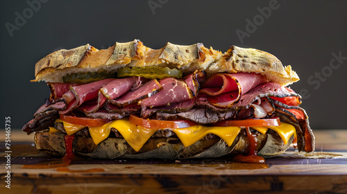 Delicious pastrami sandwich with melted cheese and pickles on a rustic bread photo