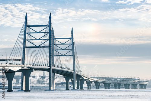 Cable-stayed bridge across the Korabelny fairway. Winter. Saint Petersburg. Russia