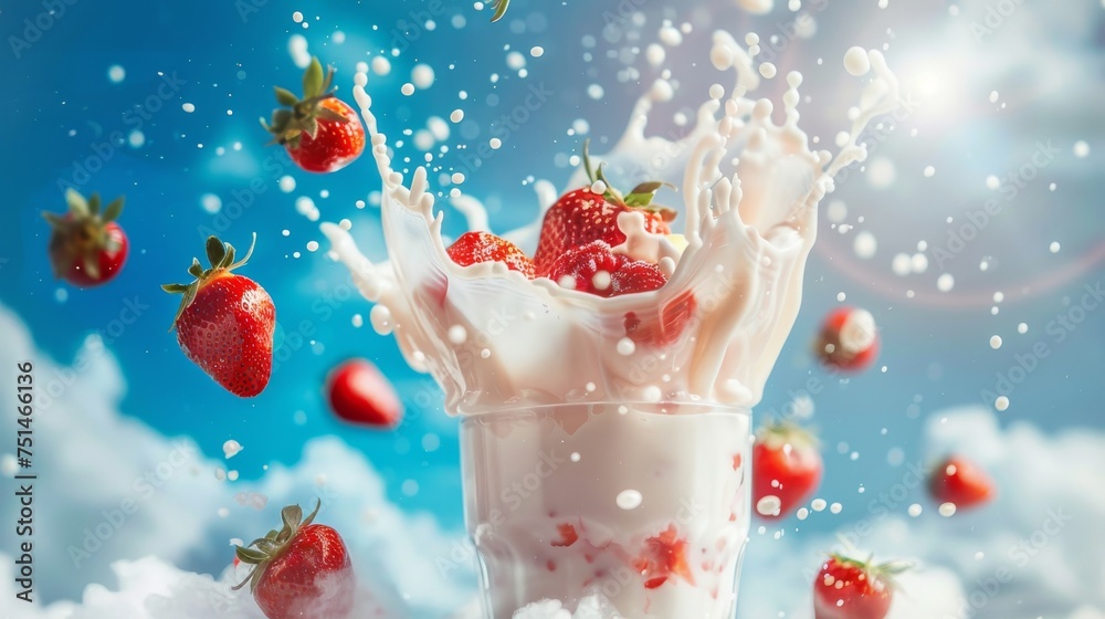 Milk splash with strawberry Splash explosion in a clear glass cup with Bright sky background Milk splash with strawberry Splash explosion in a clear glass cup with Bright sky background