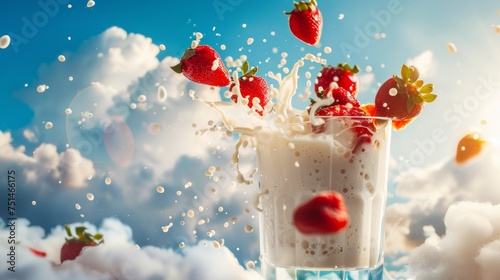 Milk splash with strawberry Splash explosion in a clear glass cup with Bright sky background