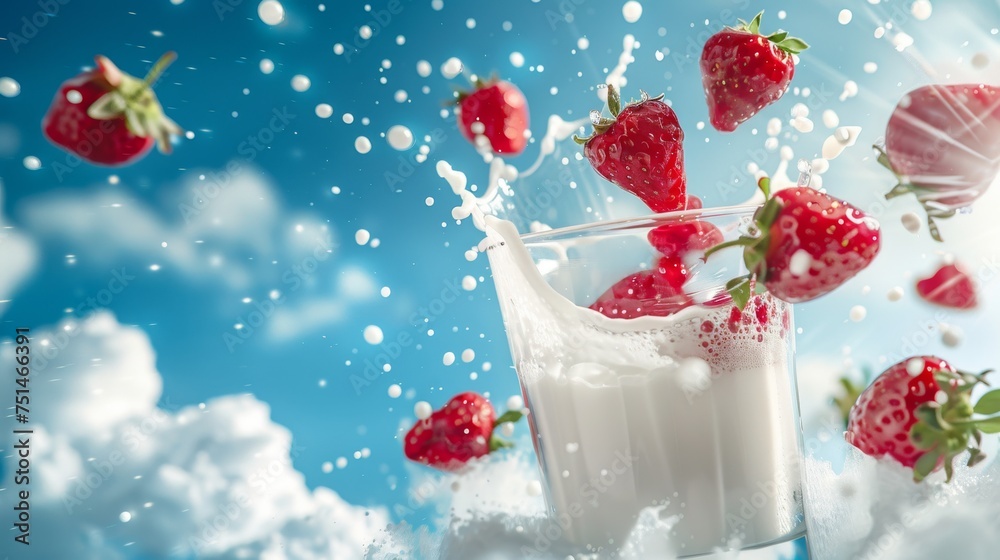 Milk splash with strawberry Splash explosion in a clear glass cup with Bright sky background Milk splash with strawberry Splash explosion in a clear glass cup with Bright sky background