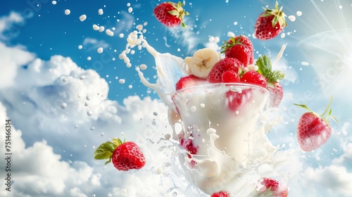Milk splash with strawberry Splash explosion in a clear glass cup with Bright sky background