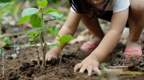 Tree planting growing on soil in a kid hands for saving world environment