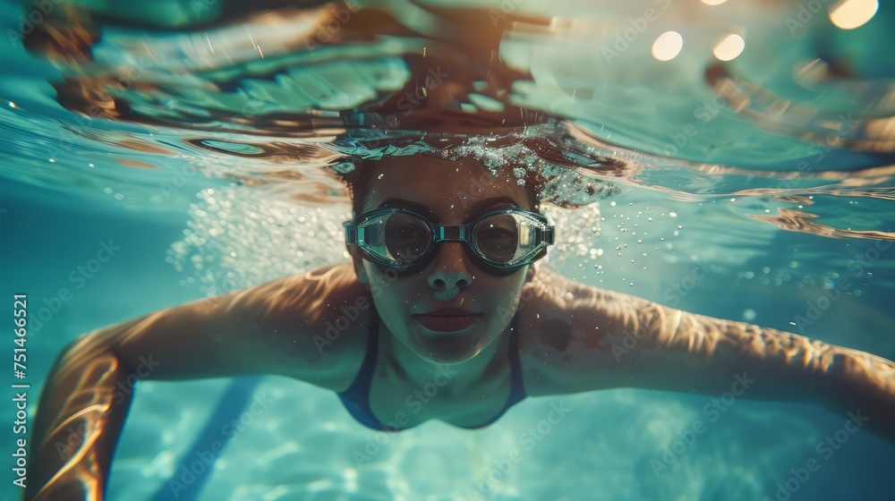 Fototapeta premium underwater selfie picture of a female swimmer in swimming suit and goggles training in swimming pool