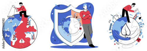 Climate vector illustration. The interconnected threads climate, weather, and earth weave tapestry environmental responsibility A planet earth plagued by climate change necessitates