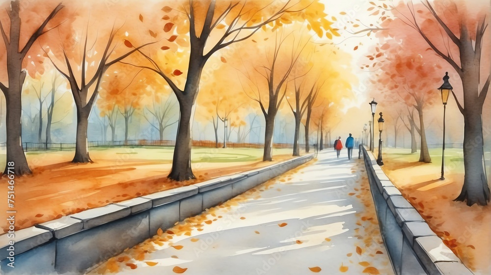 Watercolor painting illustration of walkway path in the park on autumn season from Generative AI