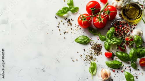 White cooking background top view with useful cooking Italian ingredients tomatoes, basil leaves, greens, olive oil, copy space © zakariastts