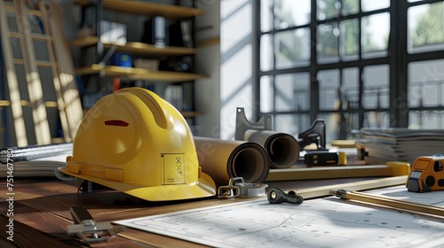 site helmet, several site plan, carpenter's equipment, place on a table, in an office,​