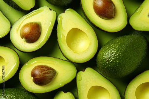 Many fresh ripe avocados on pastel background,top view  food concept Generative Ai.