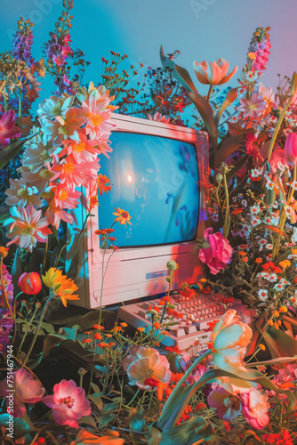 A vintage computer is surrounded by a lush arrangement of colorful fake flowers, evoking a sense of nostalgia photo