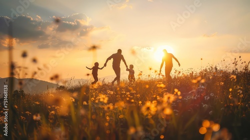 Active parents and people enjoying outdoor activities in summer