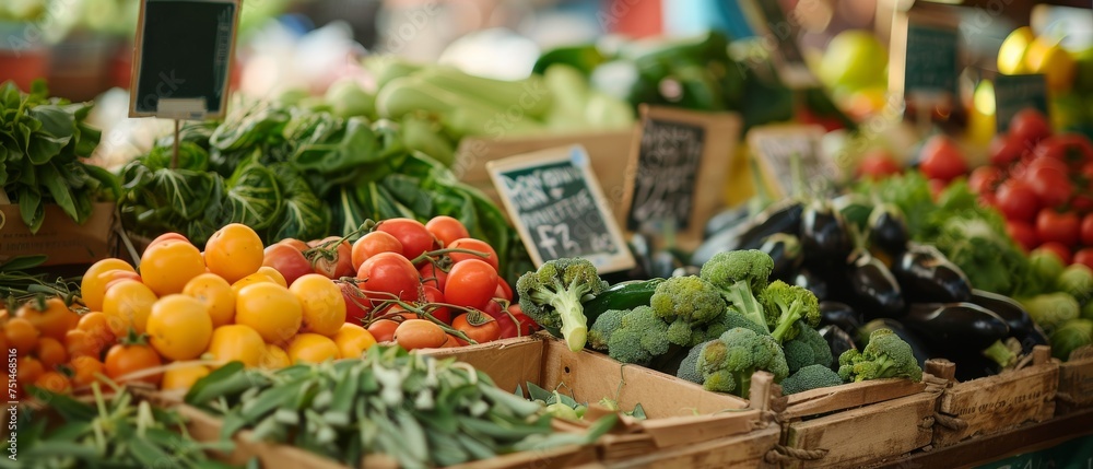Regional organic shop / farmers market, vegetarian, vegan food background - Fresh healthy vegetables in wooden boxes on table