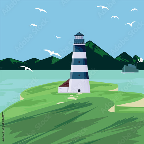 Vector image of the ocean and seagulls flying over it. The lighthouse stands on a cliff.