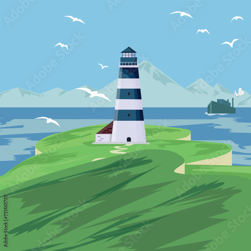 Vector image of the ocean and seagulls flying over it. The lighthouse stands on a cliff.