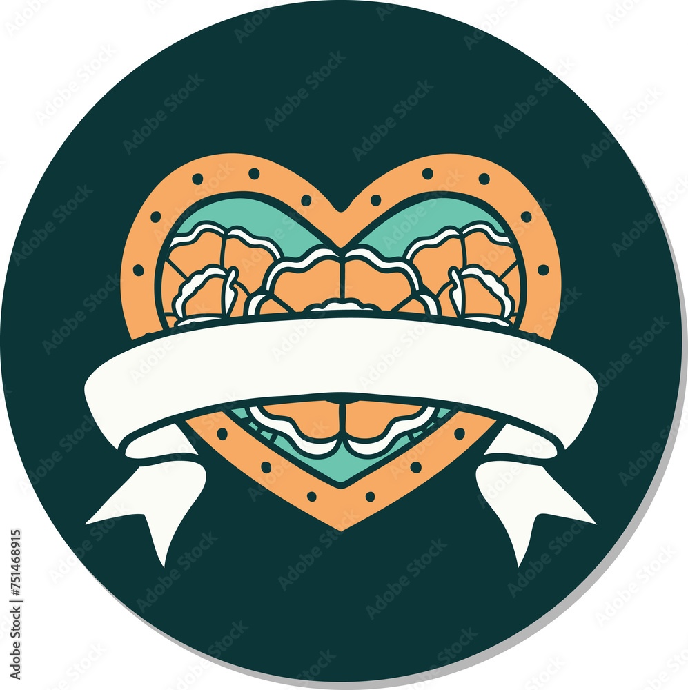 tattoo style sticker of a heart and banner with flowers