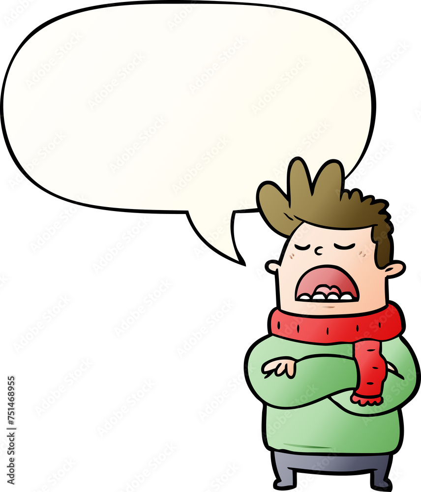 cartoon obnoxious man in winter clothes and speech bubble in smooth gradient style cartoon obnoxious man in winter clothes and speech bubble in smooth gradient style