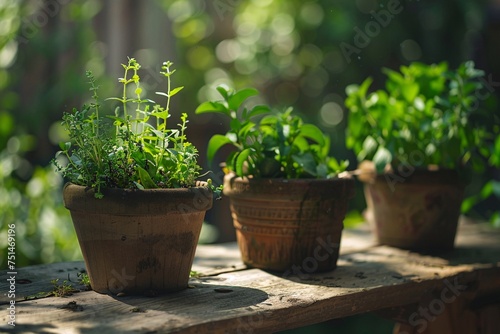 a group of potted plants on a wood surface