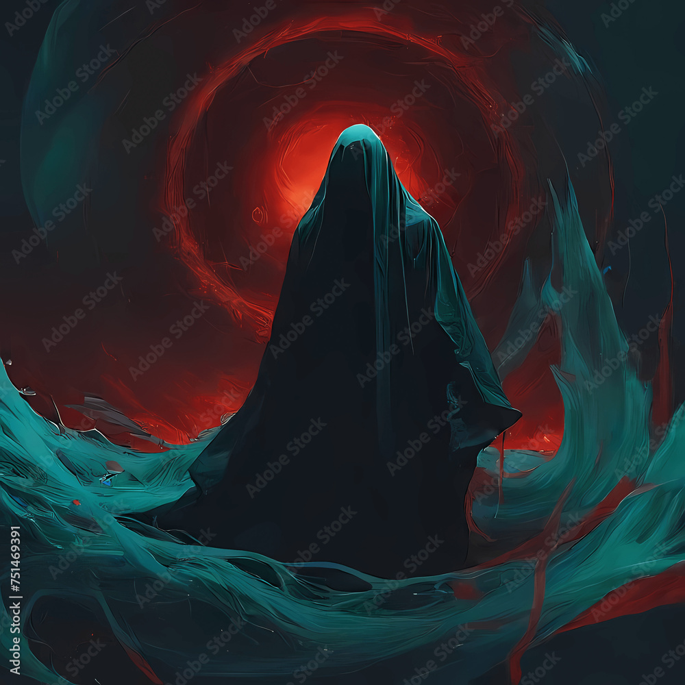 a spectral figure cloaked in dark cyan and bronze, surrounded by swirling vortexes of red energy a spectral figure cloaked in dark cyan and bronze, surrounded by swirling vortexes of red energy
