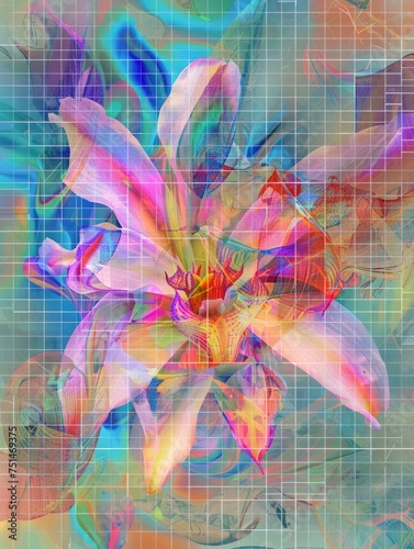An artwork featuring overlapping translucent flower petals with dynamic grid lines in the background for a layered effect