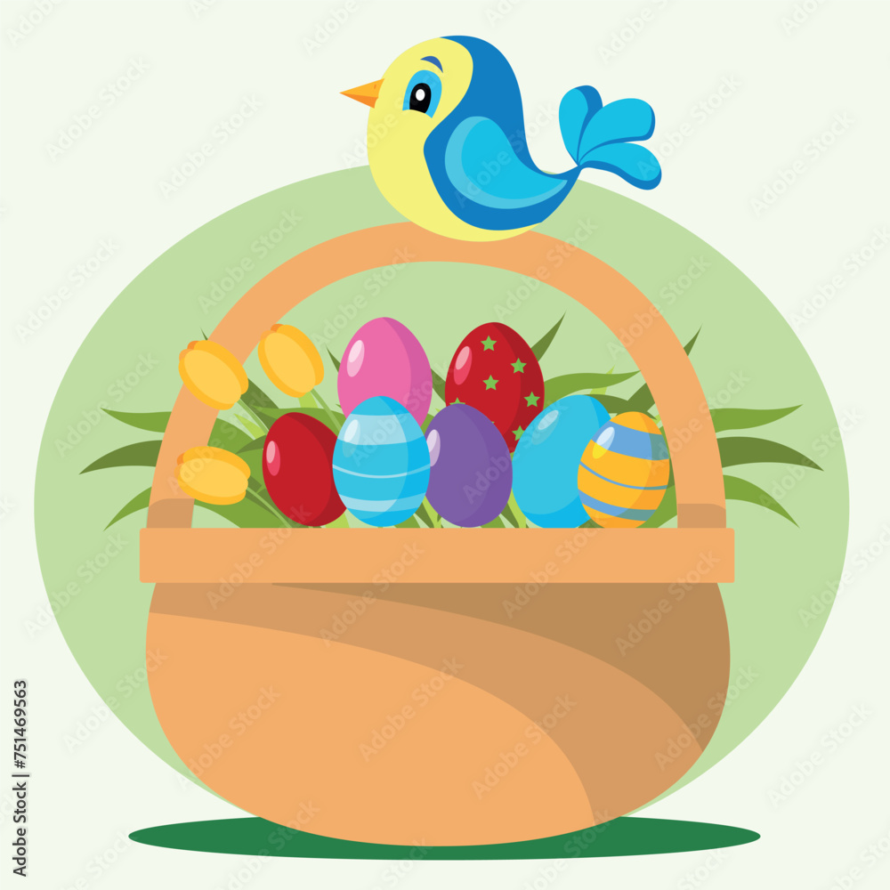 Happy holidays! Happy Easter! Vector image with spring flowers, tulips and colorful Easter eggs.