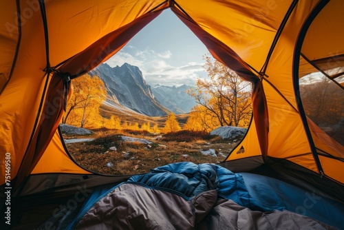 POV from a camping tent scenic view of the mountains