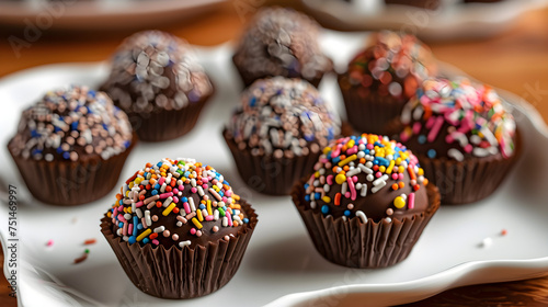 Chocolate truffles with colorful sprinkles on plate photo