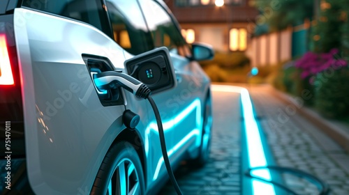 Close-up, Electric car is parked at a charging station with the power cable supply plugged