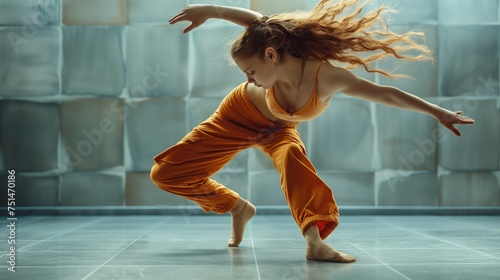 Modern jazz dancer young girl wearing orange costume or woman with long hair passionately dancing wild dance on grey sunlit studio or dancing room background