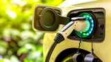 Close-up, Electric car is parked at a charging station with the power cable supply plugged