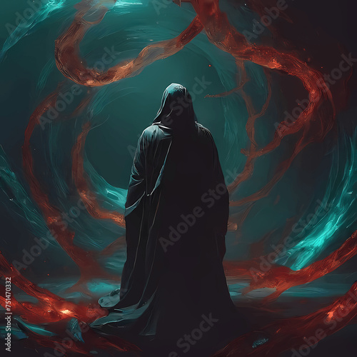 a spectral figure cloaked in dark cyan and bronze, surrounded by swirling vortexes of red energy