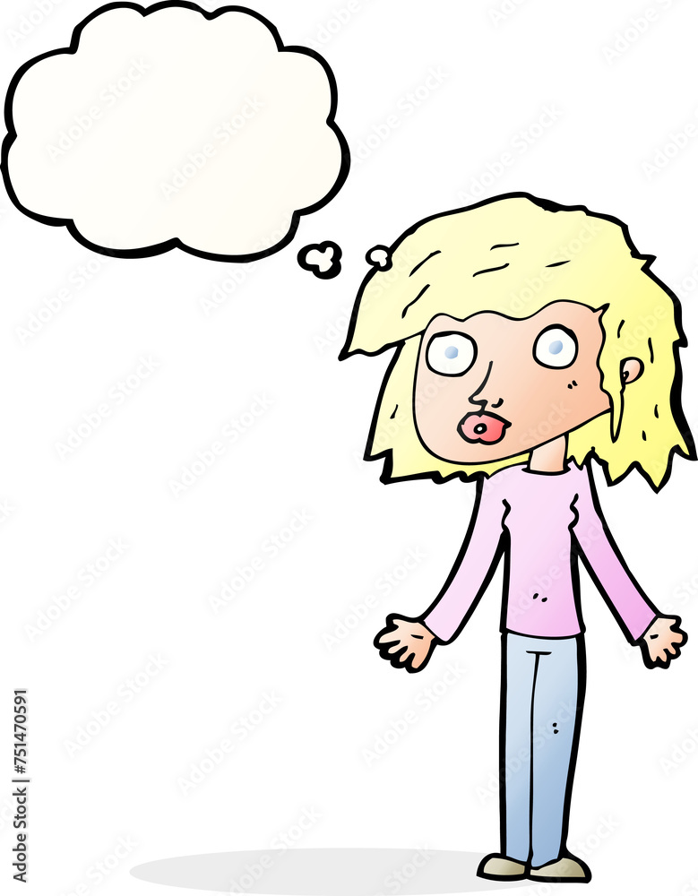 cartoon girl shrugging shoulders with thought bubble cartoon girl shrugging shoulders with thought bubble