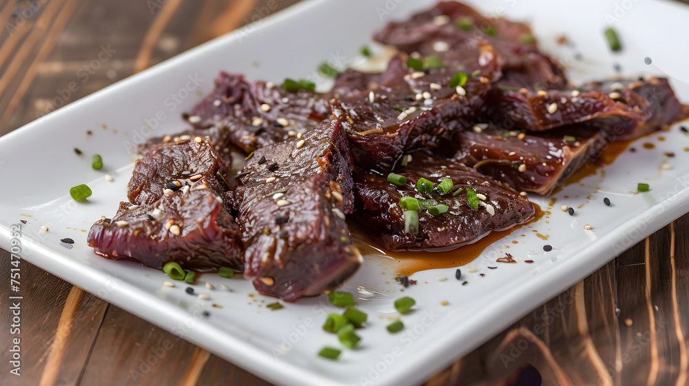 Marinated beef slices on plate