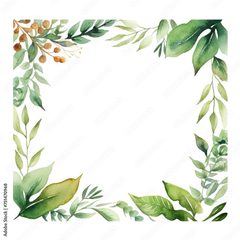 square frame of watercolor tropical green leaves on white background