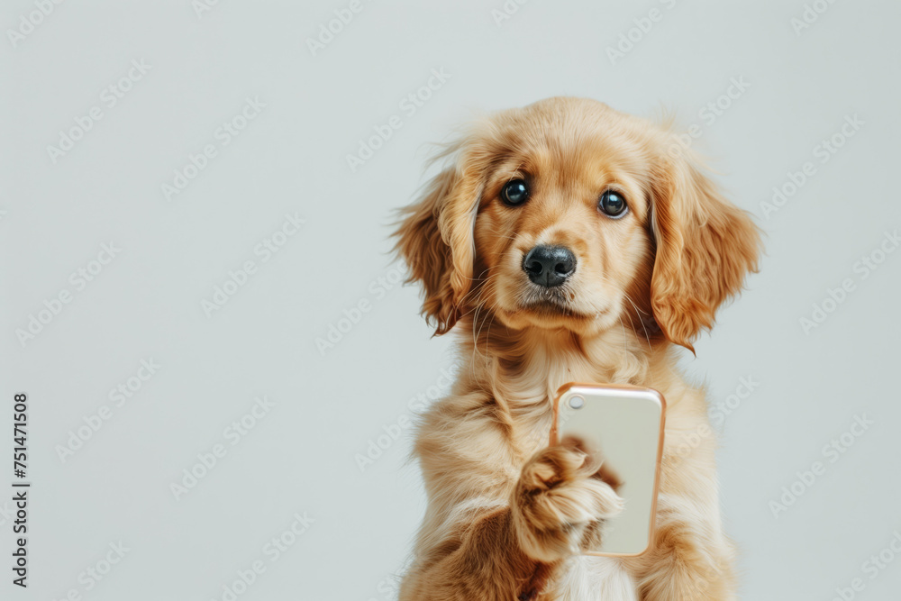 The dog interacts with an electronic device, a phone a virtual reality glasses a virtual reality tablet