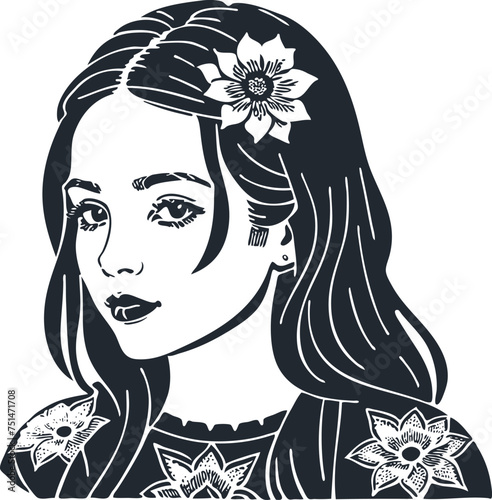 Young brunette woman with a flower on her head, vector illustration